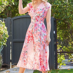 Ruth Cap Sleeve Floral Print Zip Up Midi Dress Fuchsia